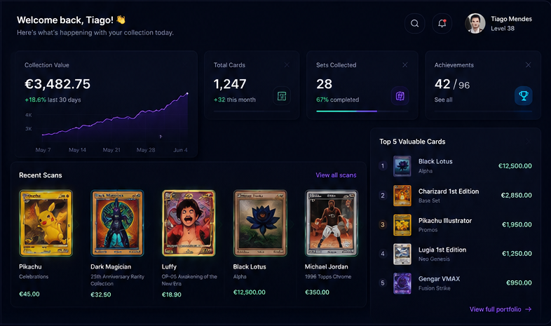 Illustrative preview of the Pikrmint dashboard concept: collection value, recent scans and portfolio cards