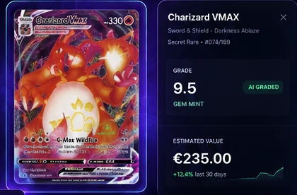 Pikrmint scan result showing an identified Charizard VMAX with AI grade 9.5 and estimated market value